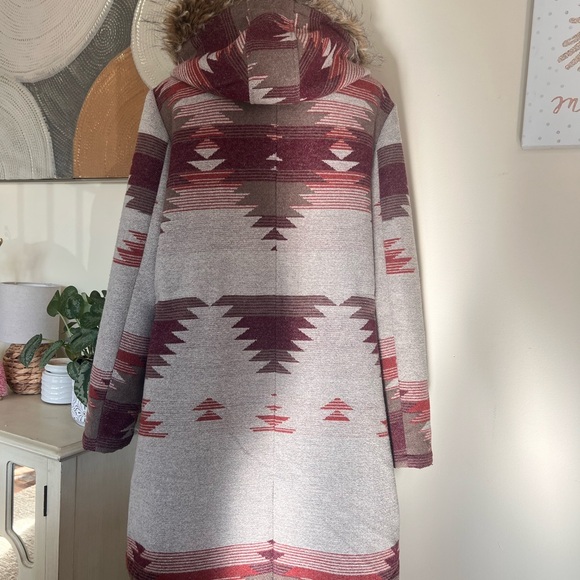 BB DAKOTA Southwest Aztec Coat Jacket Faux Fur Hood Women's Sz L Wool Blend Rust - Picture 6 of 10